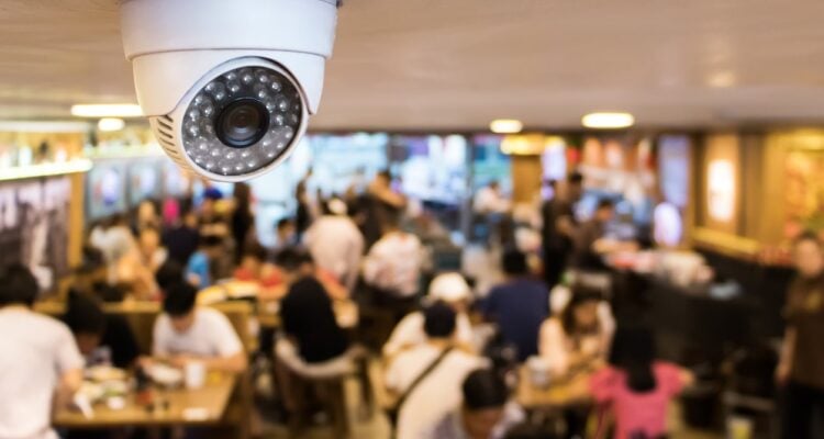 CCTV system security inside of restaurant.Surveillance camera installed on ceiling to monitor for protection customer in restaurant
