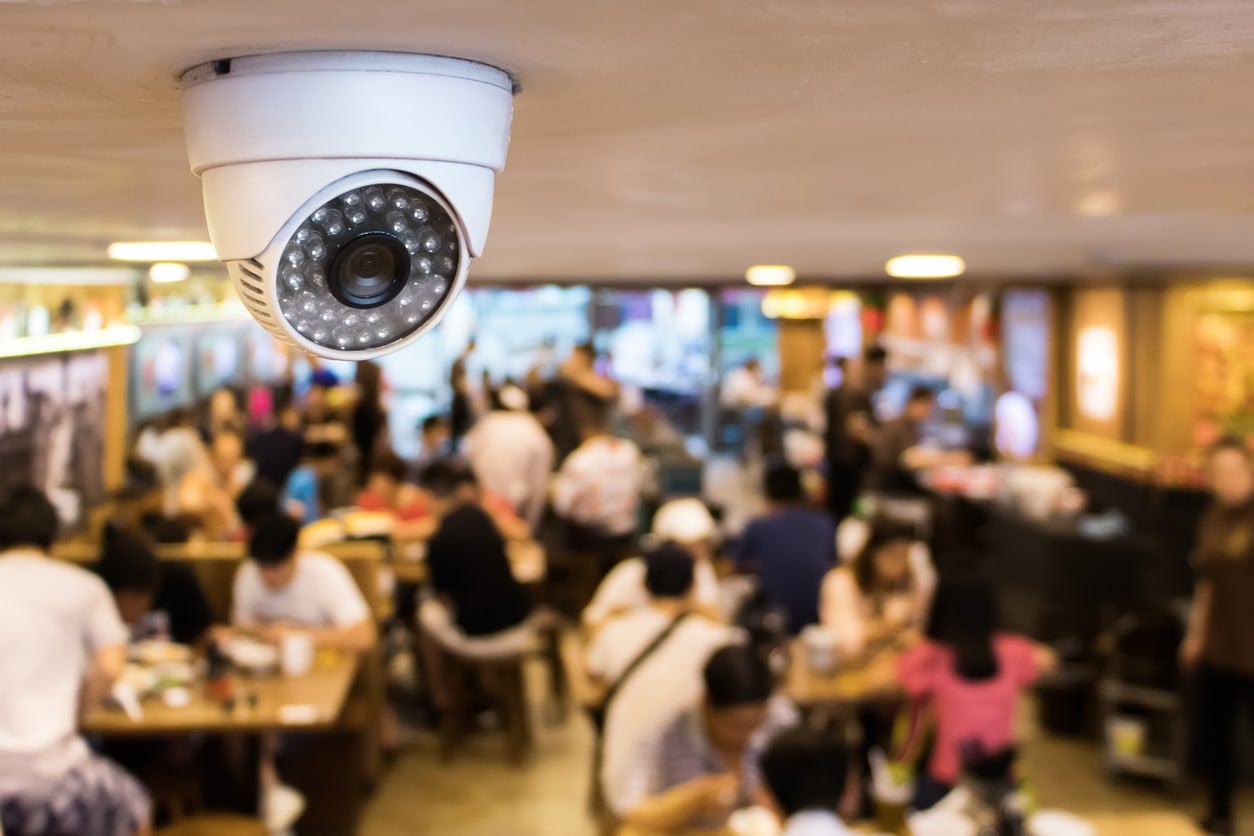 CCTV system security inside of restaurant.Surveillance camera installed on ceiling to monitor for protection customer in restaurant