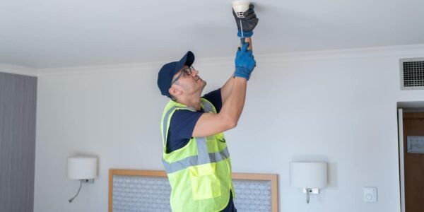 Worker Installing Smoke Detector At Hotel Room Ceiling