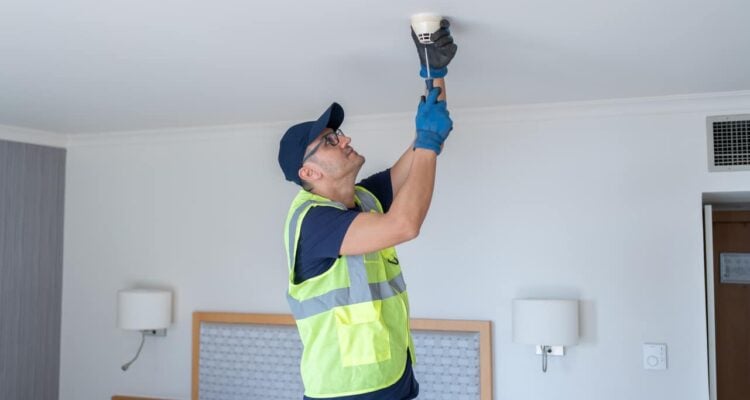 Worker Installing Smoke Detector At Hotel Room Ceiling